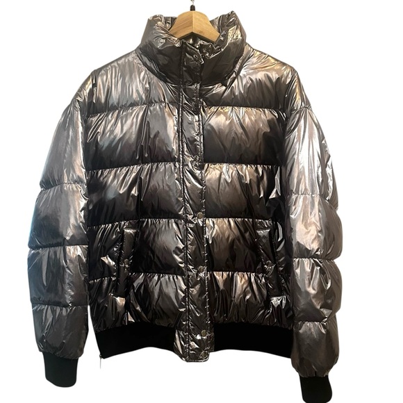 Intermix Metallic Rib Trim Funnel Neck Zip-Up Puffer Jacket - Picture 2 of 5